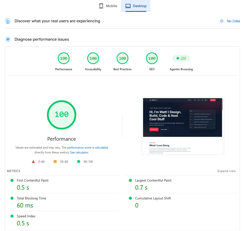 Google PageSpeed Insights desktop report for withwatt.com: Performance 100, Accessibility 100, Best Practices 100 and SEO 100; First Contentful Paint 0.5 s, Largest Contentful Paint 0.7 s, Total Blocking Time 60 ms, Cumulative Layout Shift 0